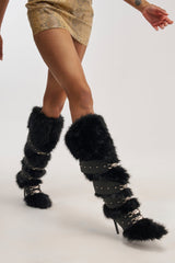 AKIRA GOLD DARIO BLACK FUR WITH STRAPS KNEE HIGH BOOT
