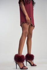 AKIRA GOLD DARLING BURGUNDY FUR EMBELLISHED STILETTO SANDAL
