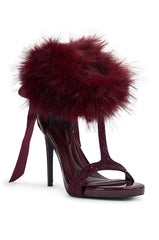 AKIRA GOLD DARLING BURGUNDY FUR EMBELLISHED STILETTO SANDAL