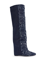 AZALEA WANG GIANNA DENIM WEDGE COLOR BLOCKED BOOT
