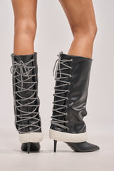 AKIRA GOLD HALOED BLACK LACE UP BLACK BOOTIE