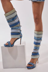 AKIRA GOLD ON REPEAT DENIM EMBELLISHED PLATFORM STILETTO SANDAL BOOT