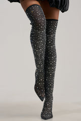 AKIRA GOLD PIA BLACK RHINESTONE MESH THIGH HIGH BOOT