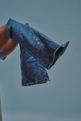 AKIRA WHYNOT DENIM RHINESTONE EMBELLISHED WEDGE BOOT
