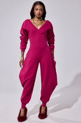 COMFY COZY SWEATSHIRT JUMPSUIT IN PLUM