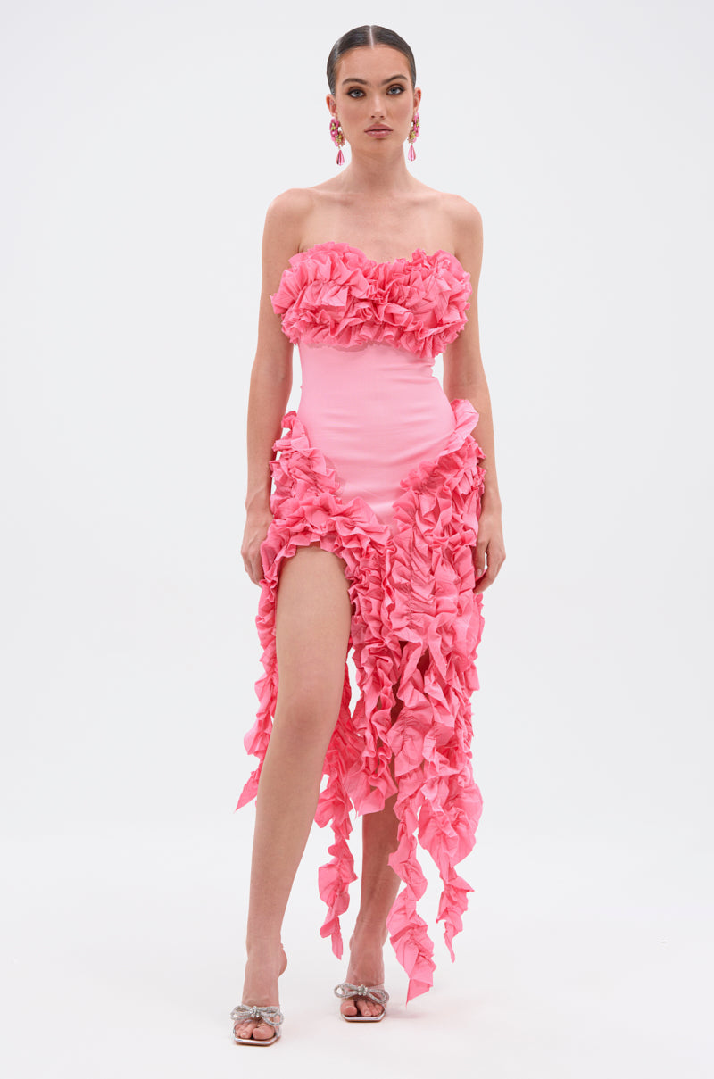 CITY LIGHTS RUFFLE MIDI DRESS IN LIGHT PINK