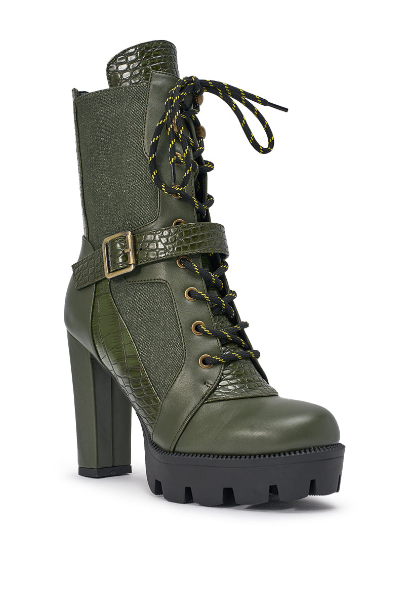 AZALEA WANG BARREL GREEN PU LUG SOLE BOOTIE