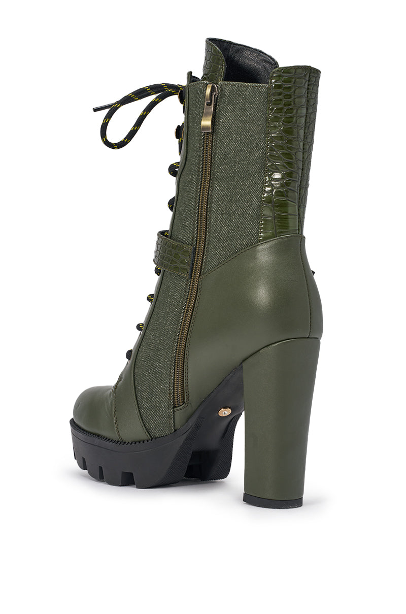AZALEA WANG BARREL GREEN PU LUG SOLE BOOTIE