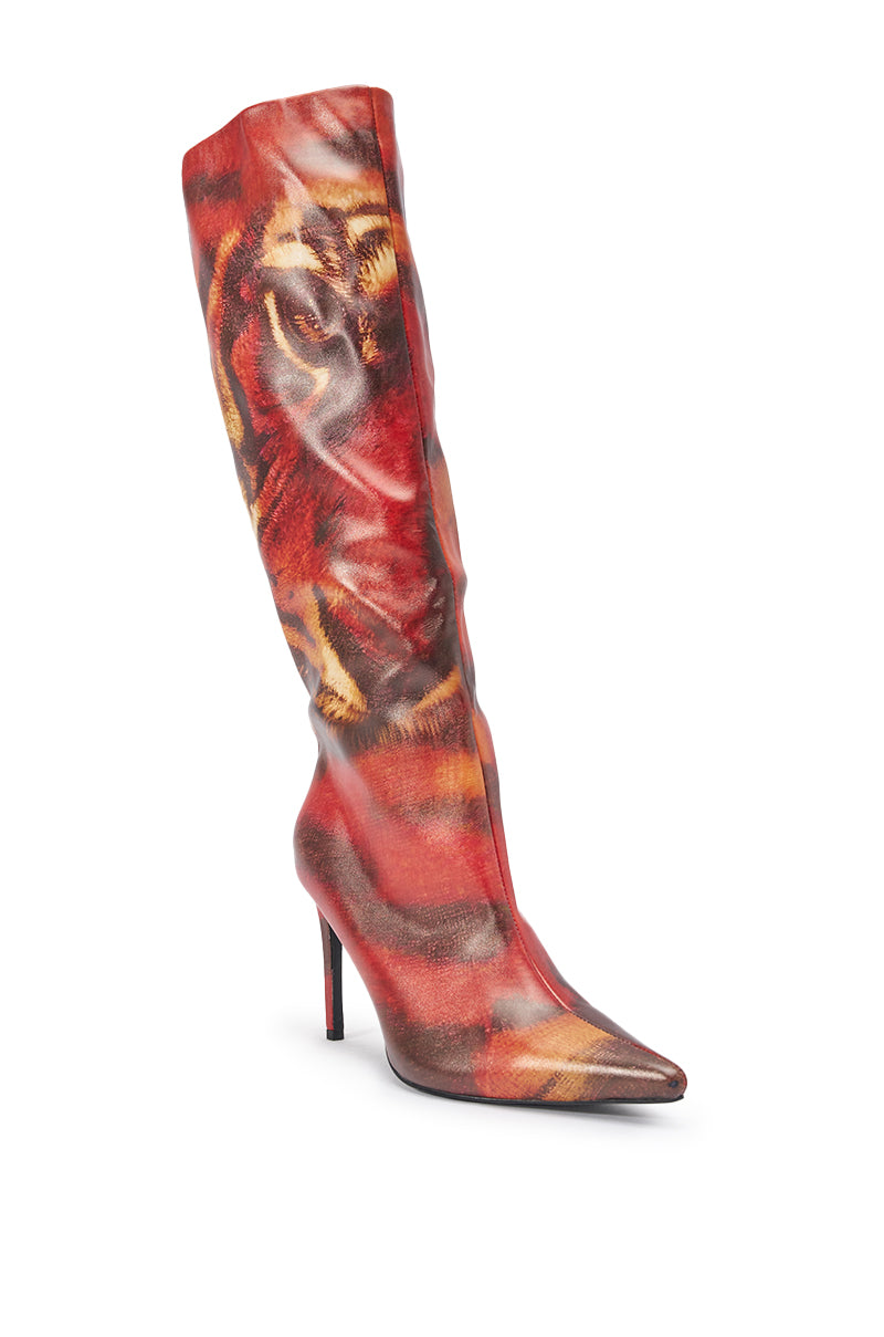 AKIRA GOLD CAELIX TIGER PRINTED STILETTO BOOT