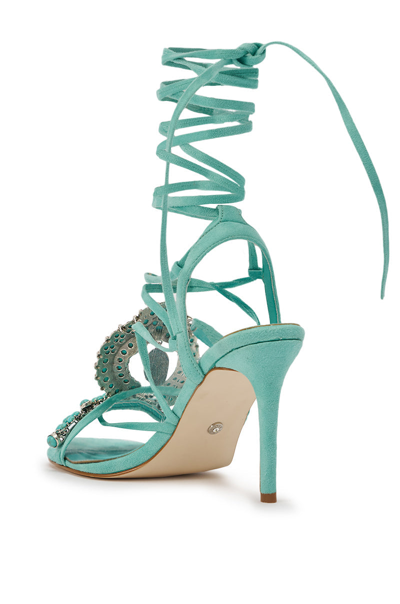 AKIRA GOLD CLIPSE AQUA HARDWARE EMBELLISHED STILETTO SANDAL