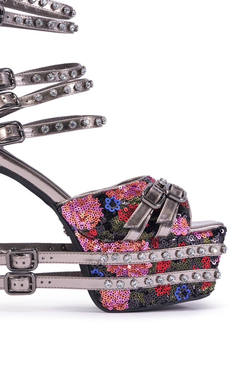 AKIRA CRUSHIN MULTI SEQUIN FLORAL AND GUNMETAL EMBELLISHED STILETTO SANDAL
