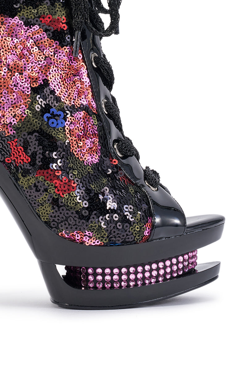 AKIRA GOLD DACINDRA BLACK MULTI SEQUIN STILETTO PLATFORM BOOTIE