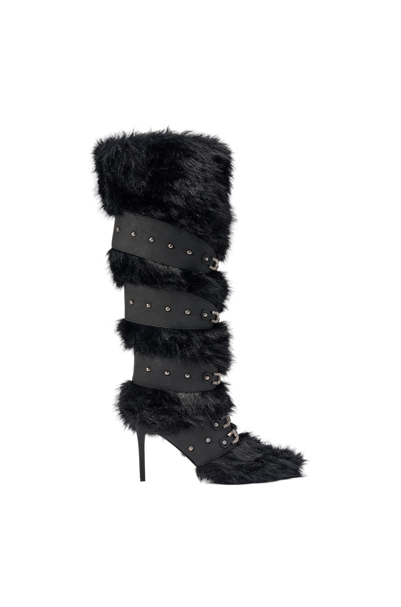 AKIRA GOLD DARIO BLACK FUR WITH STRAPS KNEE HIGH BOOT