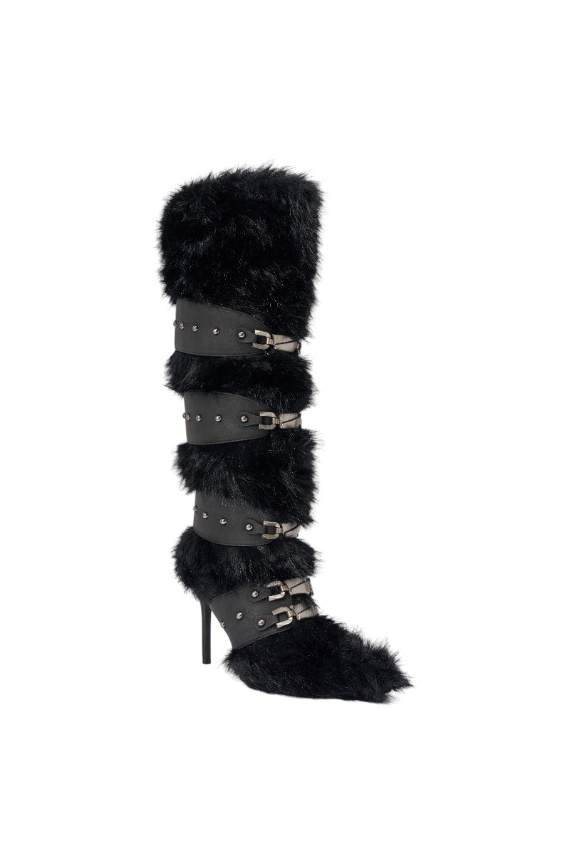 AKIRA GOLD DARIO BLACK FUR WITH STRAPS KNEE HIGH BOOT