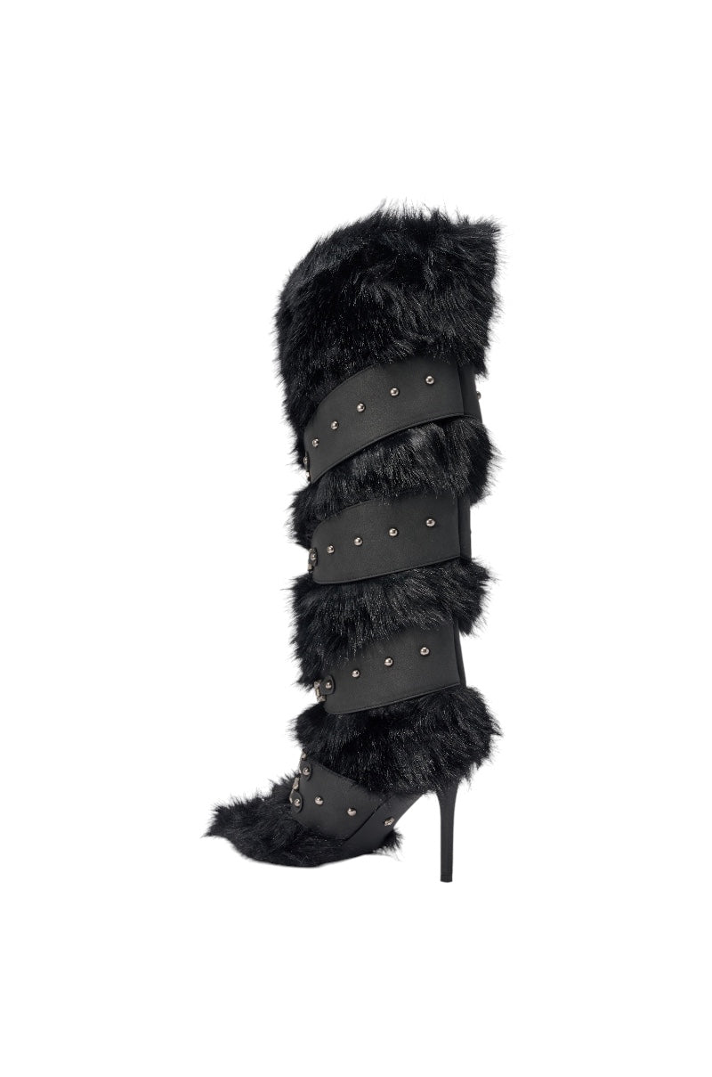 AKIRA GOLD DARIO BLACK FUR WITH STRAPS KNEE HIGH BOOT