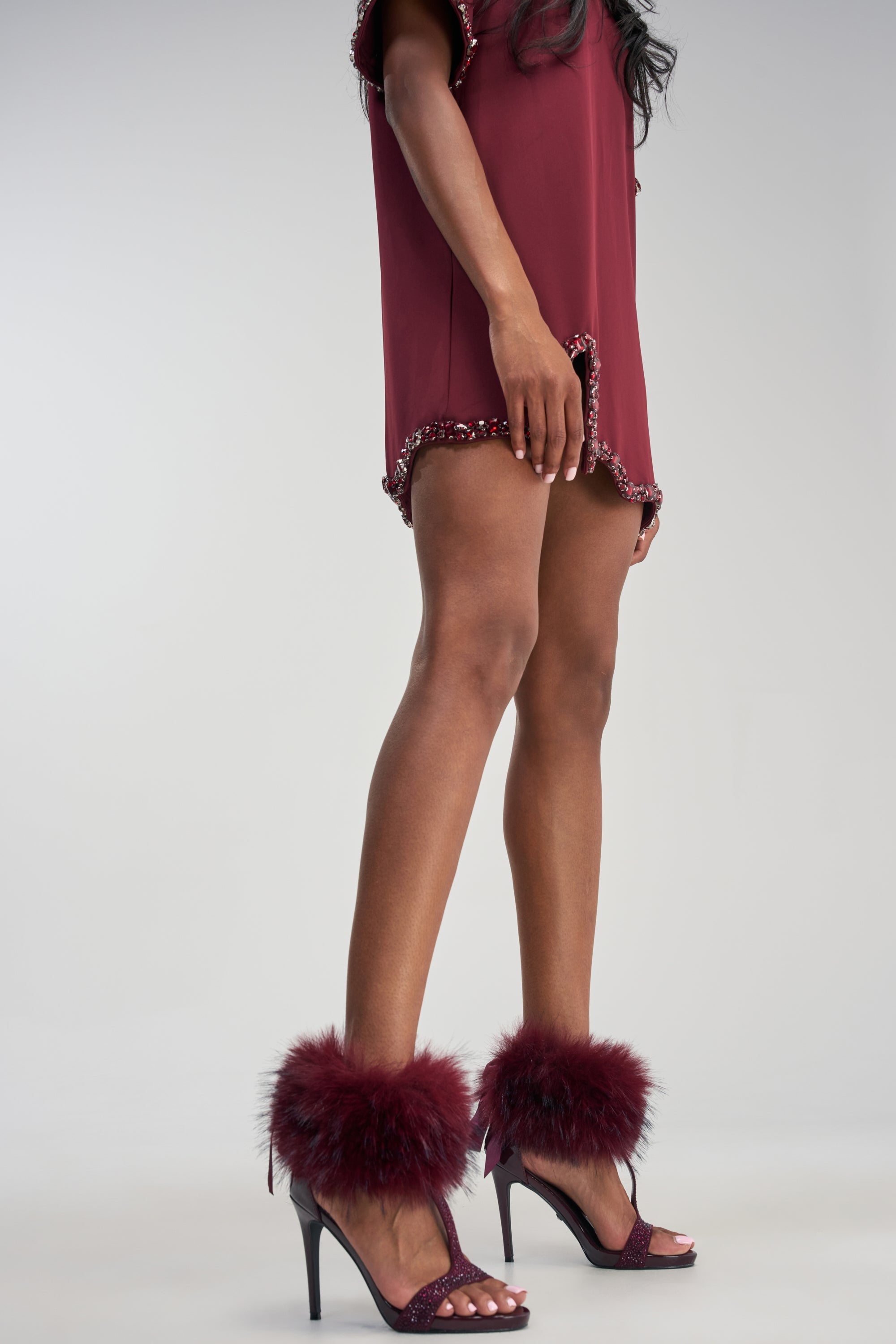 AKIRA GOLD DARLING BURGUNDY FUR EMBELLISHED STILETTO SANDAL