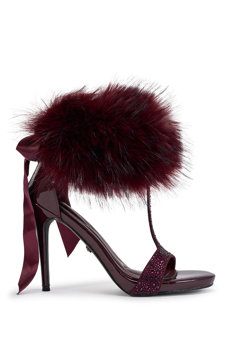 AKIRA GOLD DARLING BURGUNDY FUR EMBELLISHED STILETTO SANDAL