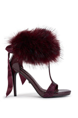 AKIRA GOLD DARLING BURGUNDY FUR EMBELLISHED STILETTO SANDAL