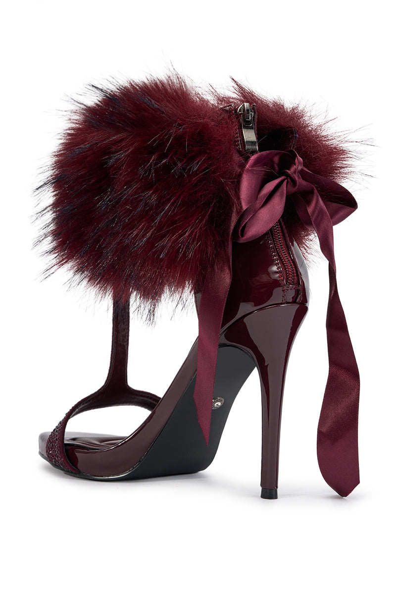 AKIRA GOLD DARLING BURGUNDY FUR EMBELLISHED STILETTO SANDAL