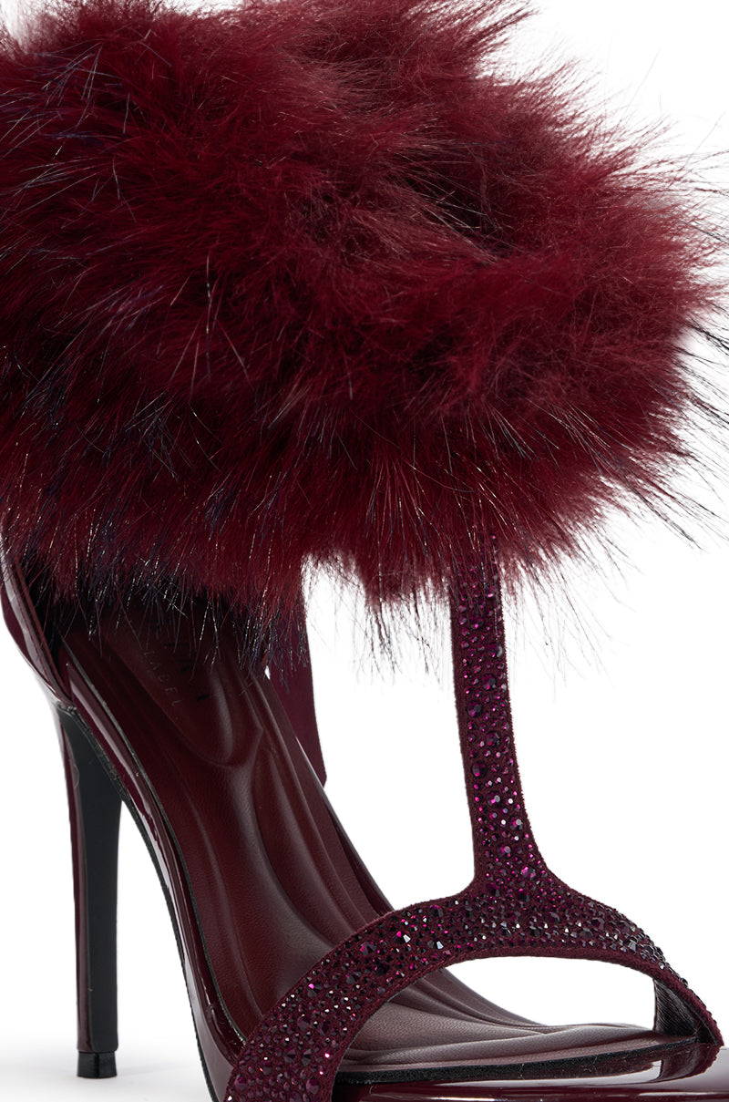 AKIRA GOLD DARLING BURGUNDY FUR EMBELLISHED STILETTO SANDAL
