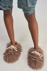 AKIRA GOLD DELULU TAUPE FUR LACE FLAT SLIPPER