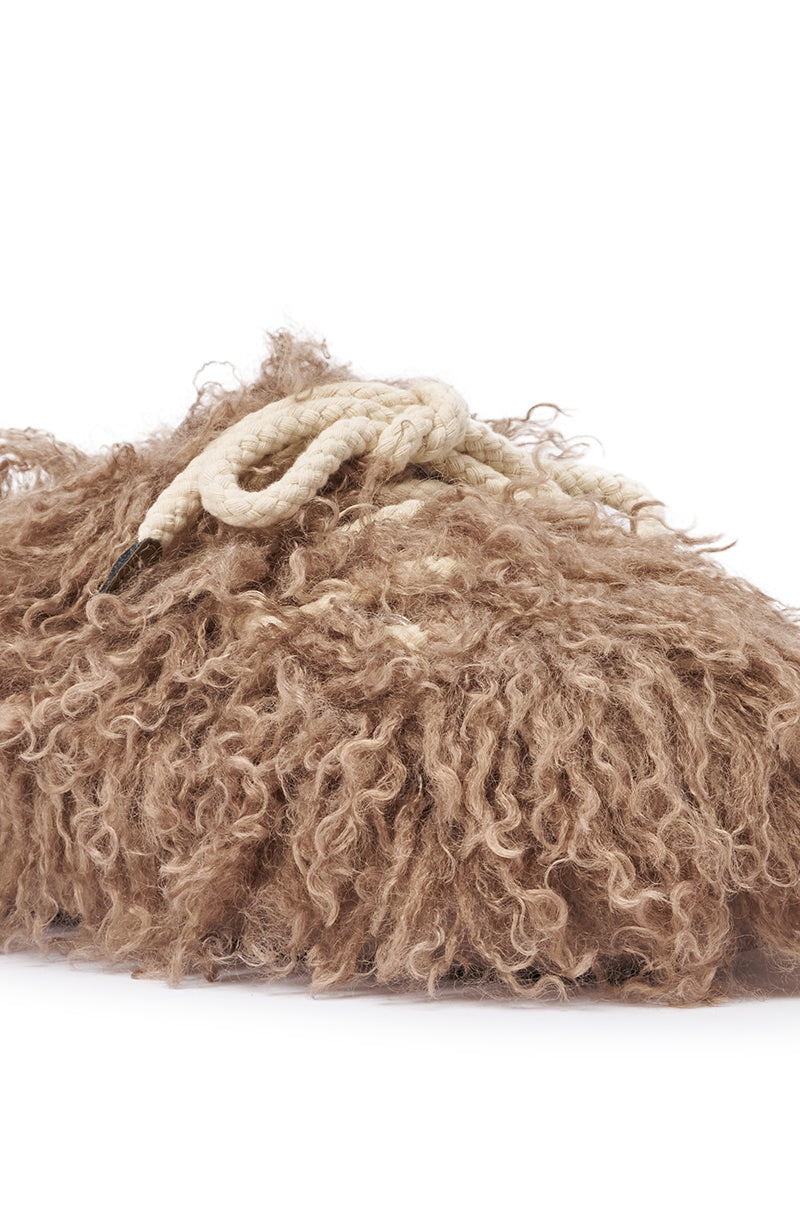 AKIRA GOLD DELULU TAUPE FUR LACE FLAT SLIPPER