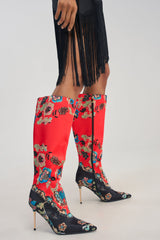 AKIRA GOLD FLORIQUE FLORAL MULTI COLOR STILETTO SATIN BOOT