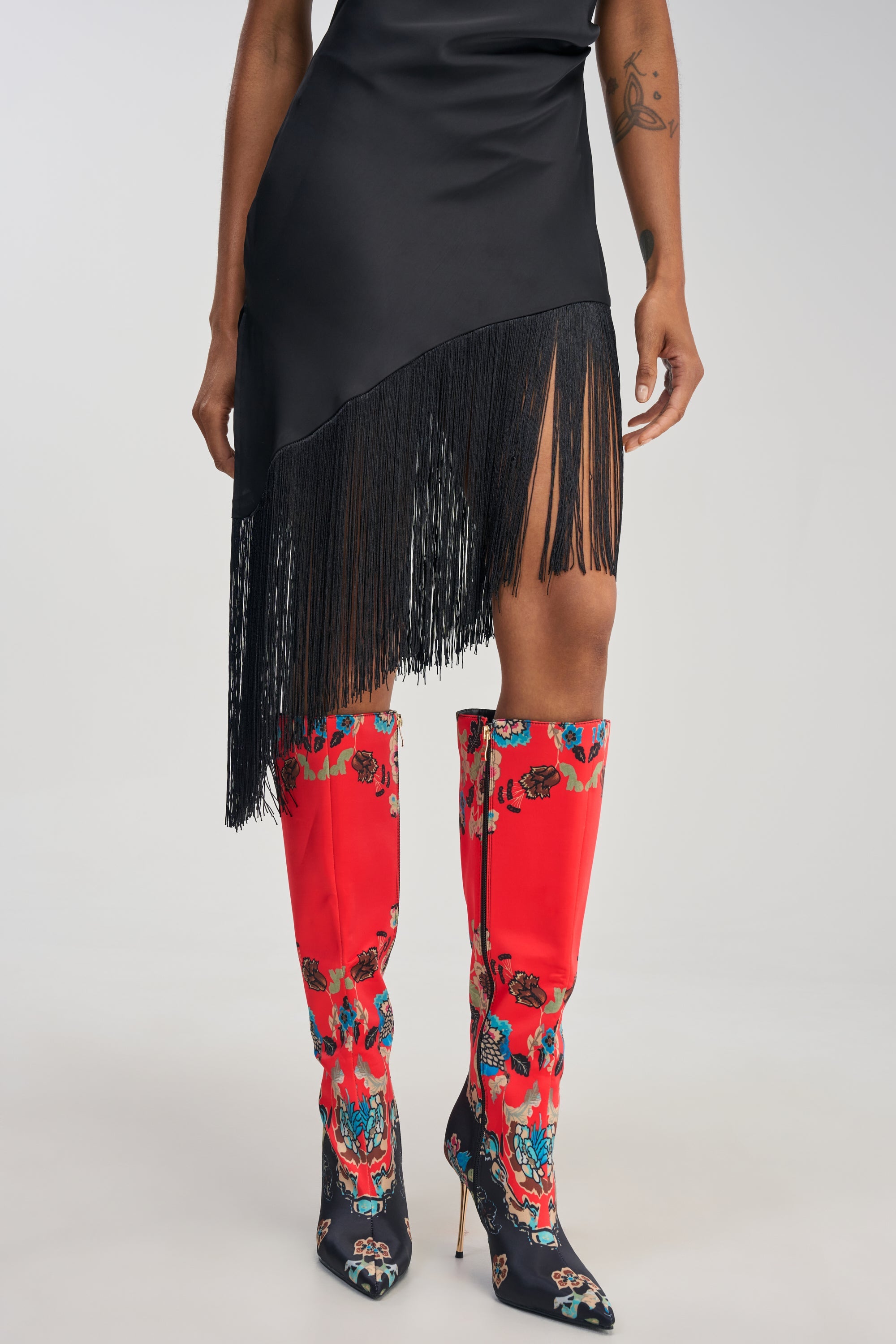 AKIRA GOLD FLORIQUE FLORAL MULTI COLOR STILETTO SATIN BOOT