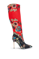 AKIRA GOLD FLORIQUE FLORAL MULTI COLOR STILETTO SATIN BOOT