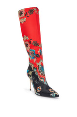 AKIRA GOLD FLORIQUE FLORAL MULTI COLOR STILETTO SATIN BOOT