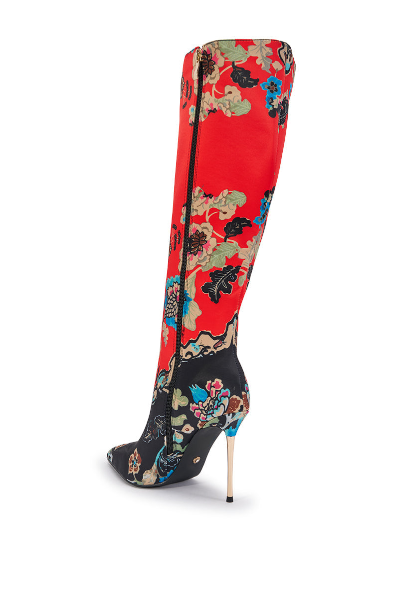 AKIRA GOLD FLORIQUE FLORAL MULTI COLOR STILETTO SATIN BOOT