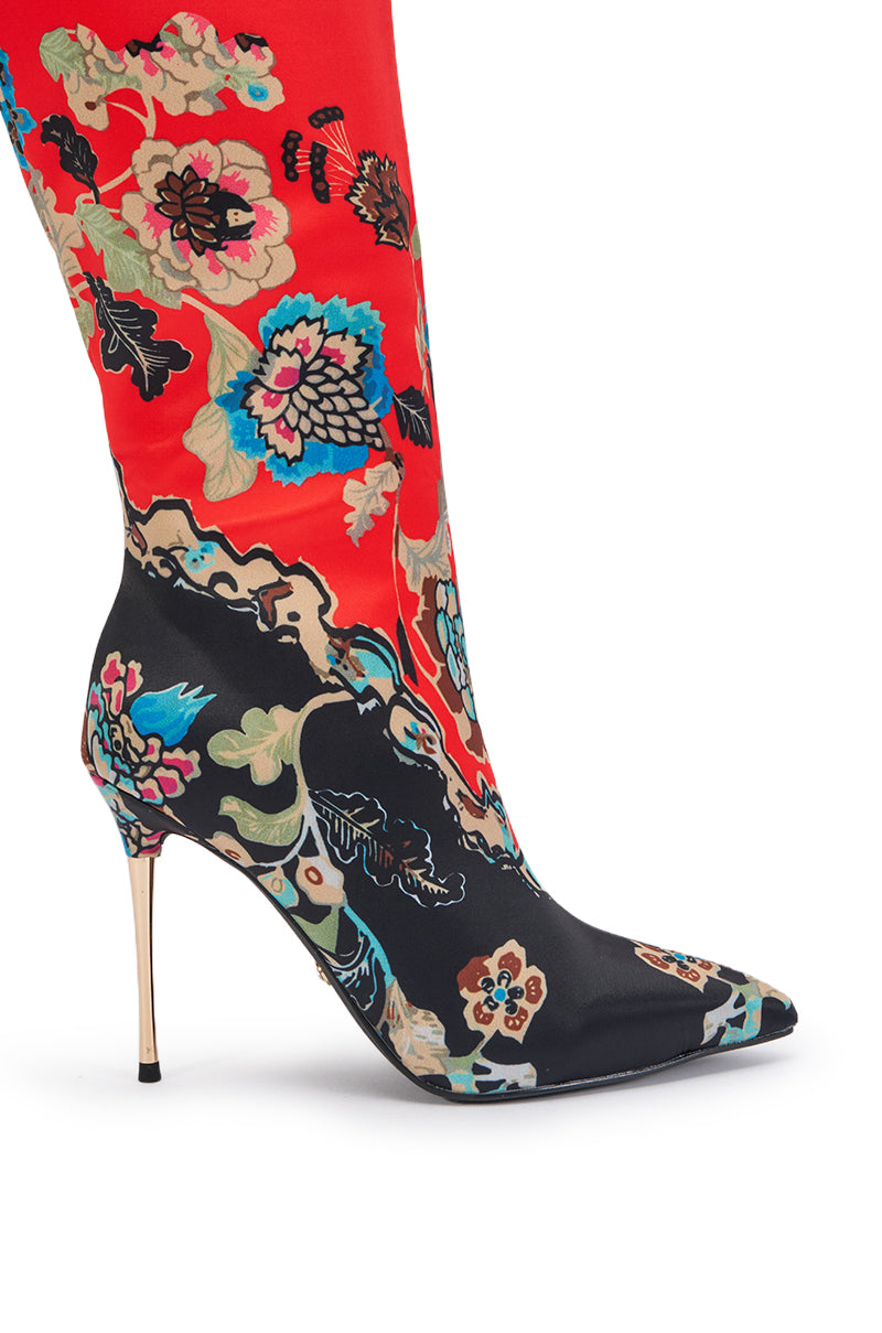 AKIRA GOLD FLORIQUE FLORAL MULTI COLOR STILETTO SATIN BOOT
