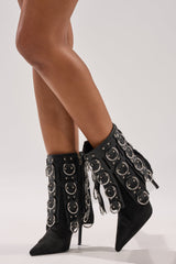 AKIRA GOLD GERANIUM BLACK PIERCING STILETTO BOOTIE