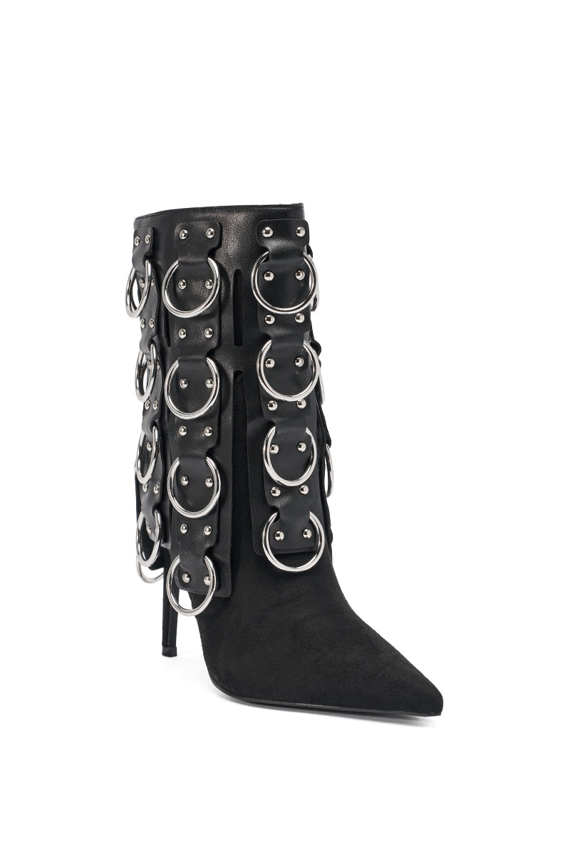 AKIRA GOLD GERANIUM BLACK PIERCING STILETTO BOOTIE