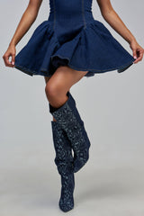 AZALEA WANG GIANNA DENIM WEDGE COLOR BLOCKED BOOT