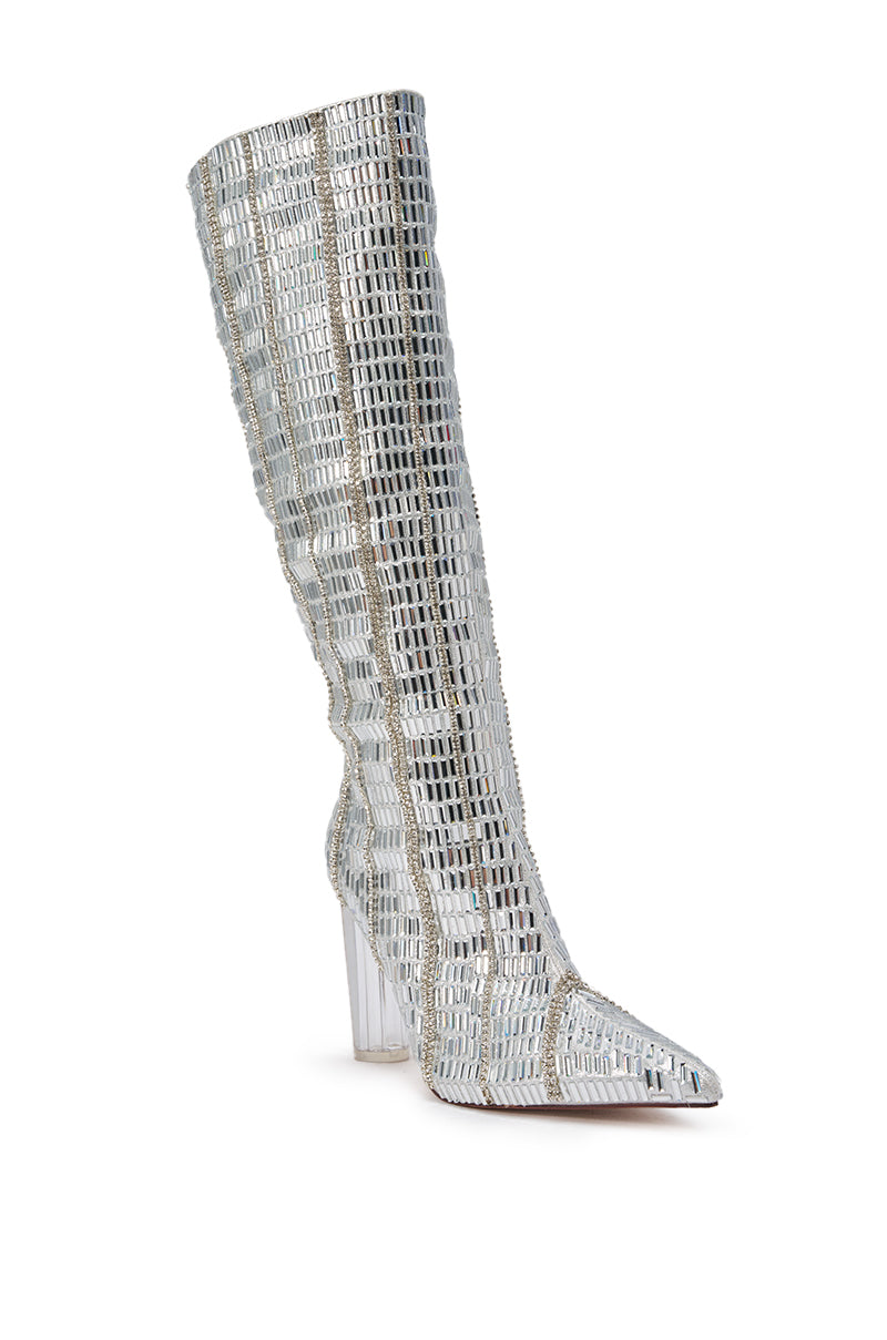 AKIRA GOLD GLOW UP SILVER CRYSTAL BLOCK BOOT