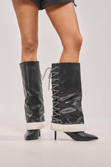 AKIRA GOLD HALOED BLACK LACE UP BLACK BOOTIE