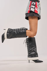 AKIRA GOLD HALOED BLACK LACE UP BLACK BOOTIE