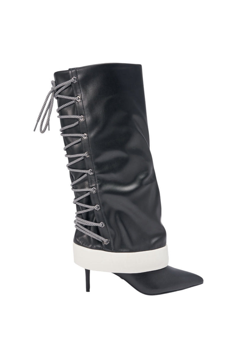 AKIRA GOLD HALOED BLACK LACE UP BLACK BOOTIE
