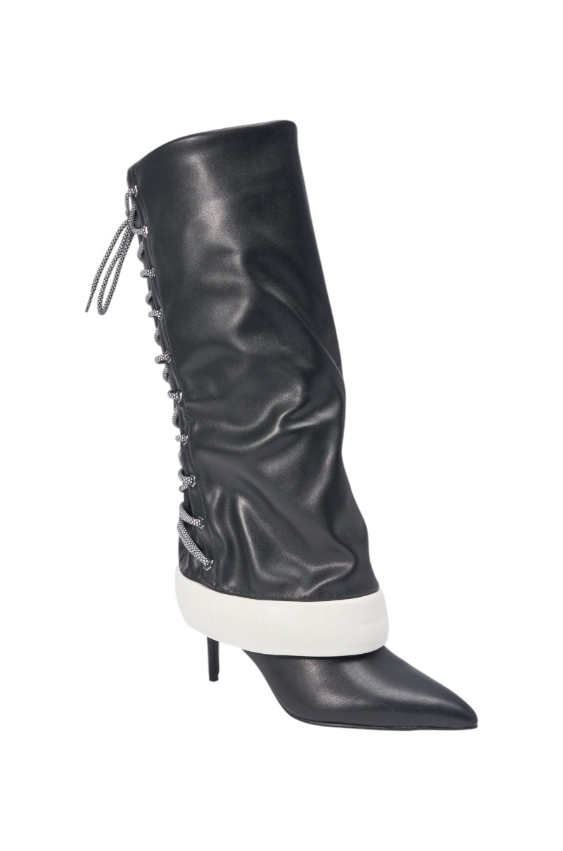 AKIRA GOLD HALOED BLACK LACE UP BLACK BOOTIE