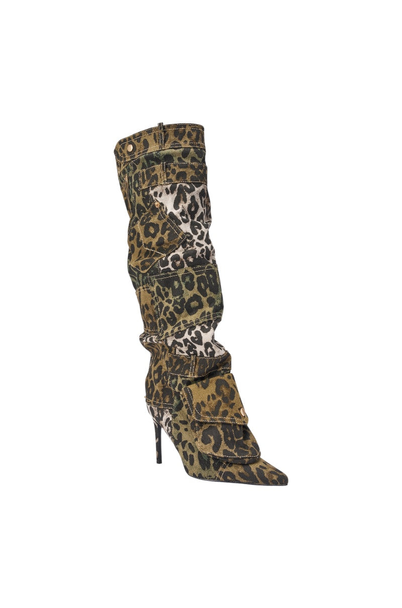 AKIRA GOLD HALOISE LEOPARD POCKET DETAIL STILETTO BOOT