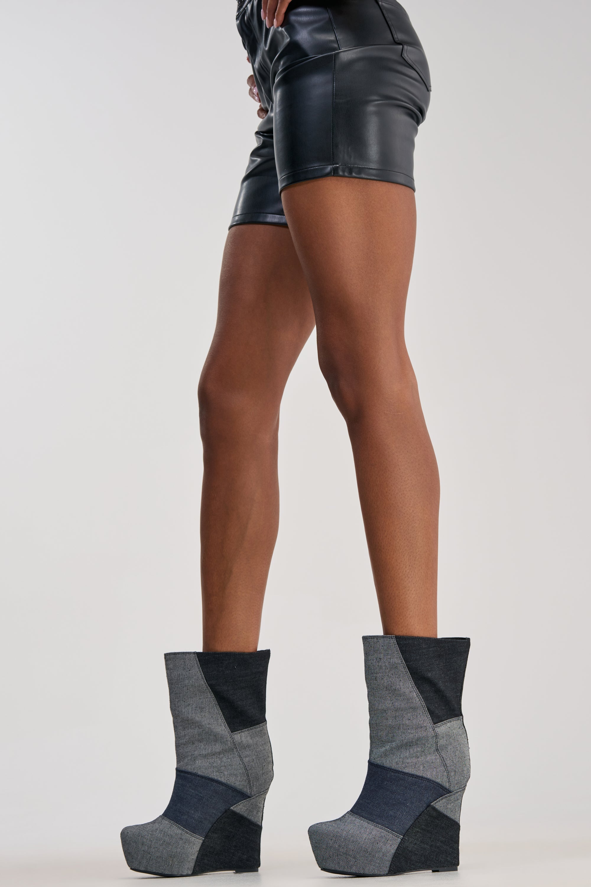 AKIRA GOLD HELISENT DENIM PATCHWORK WEDGE BOOTIE