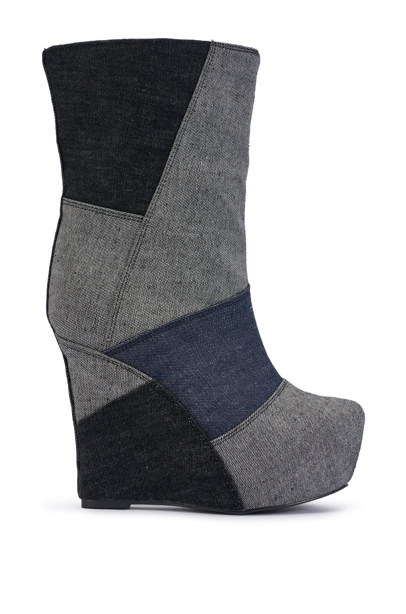 AKIRA GOLD HELISENT DENIM PATCHWORK WEDGE BOOTIE