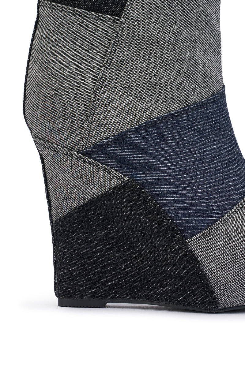 AKIRA GOLD HELISENT DENIM PATCHWORK WEDGE BOOTIE