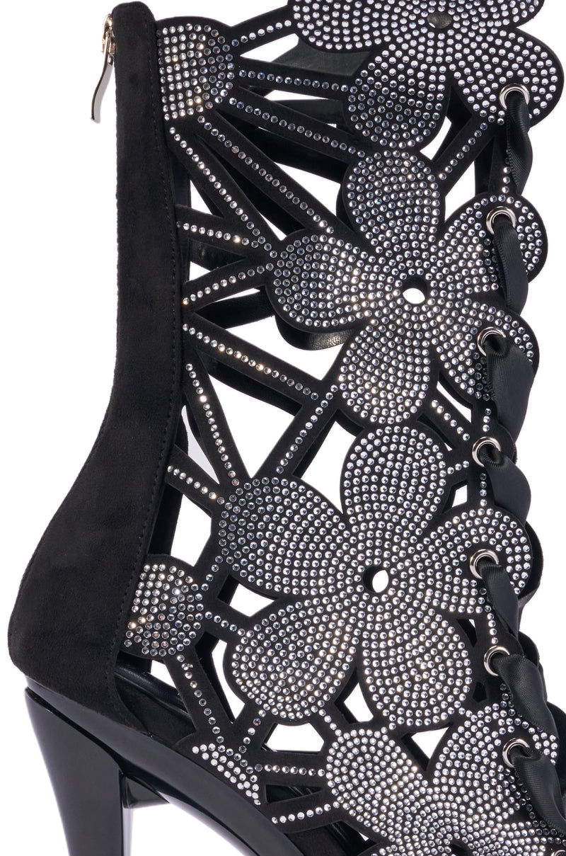 AKIRA GOLD ISOBEAU BLACK RHINESTONE STILETTO SANDAL