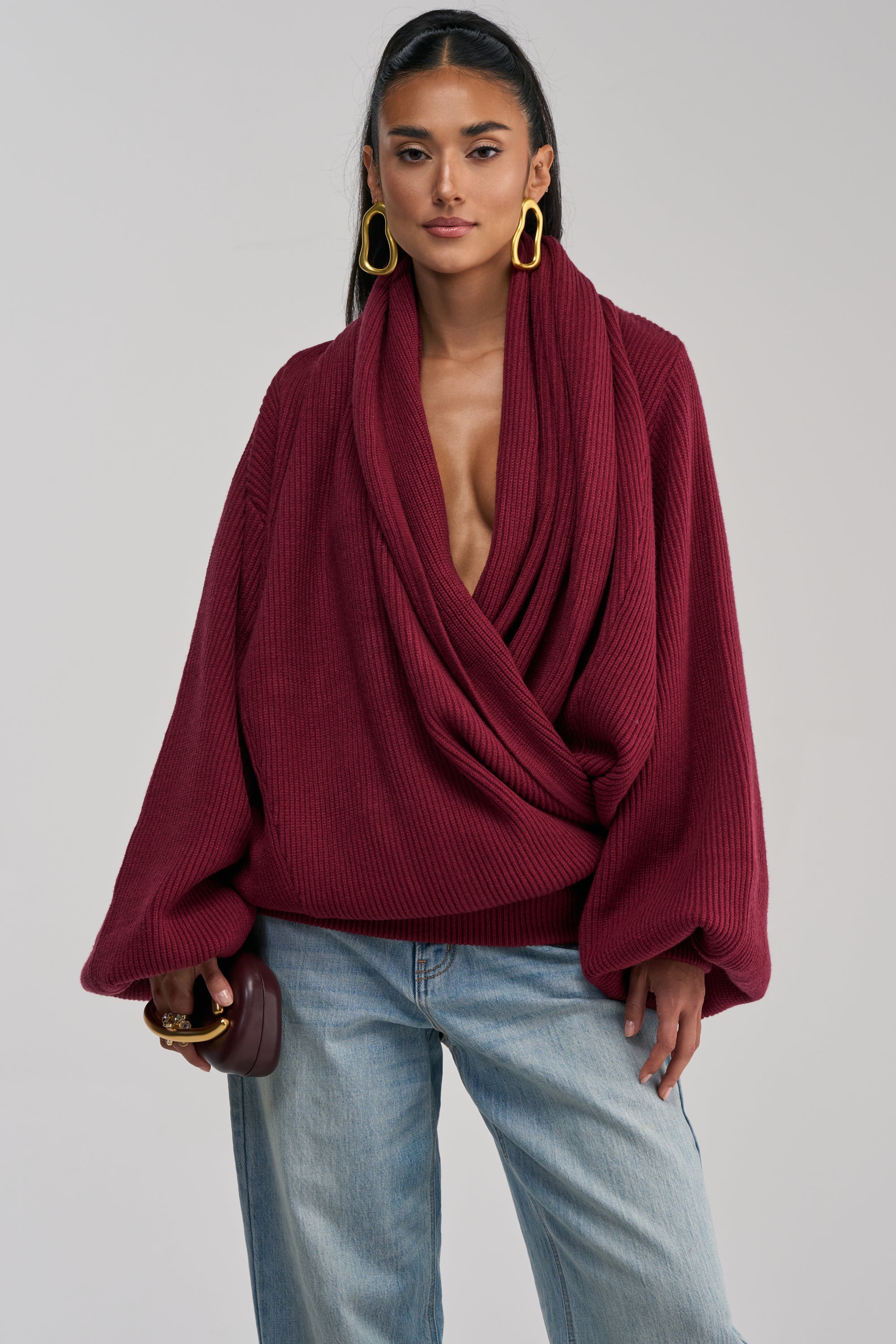 CRAZY FOR YOU CROSS FRONT SWEATER IN BURGUNDY