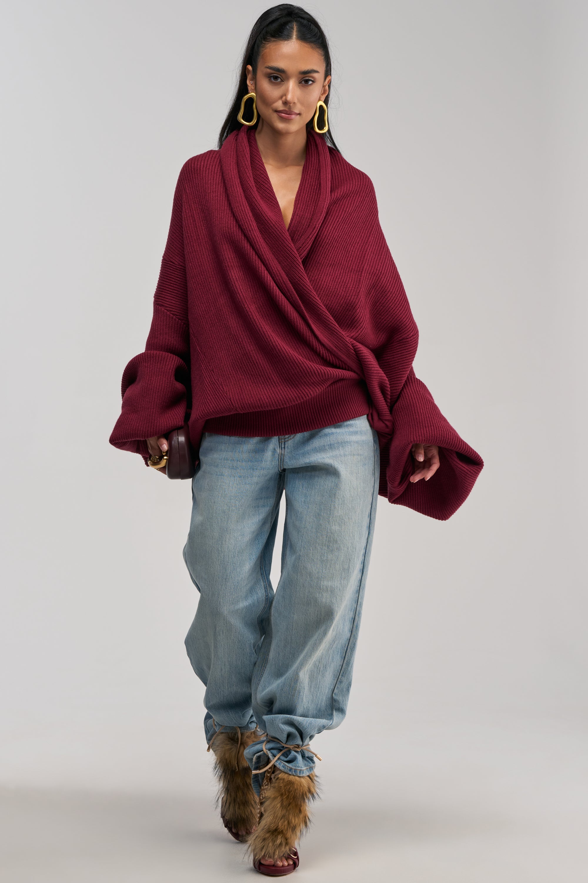 CRAZY FOR YOU CROSS FRONT SWEATER IN BURGUNDY