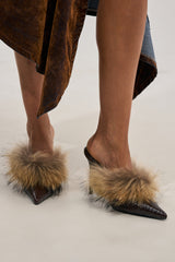 AKIRA GOLD KLARA BROWN CROC AND FUR PUMP