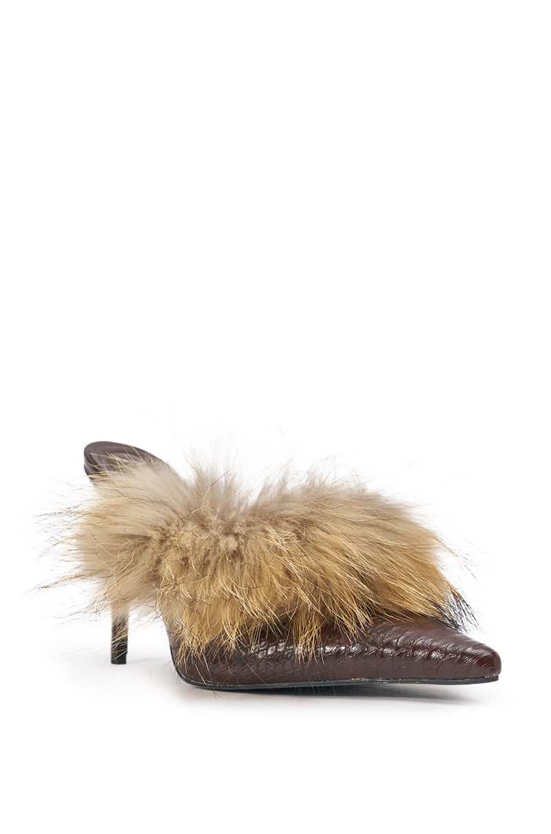 AKIRA GOLD KLARA BROWN CROC AND FUR PUMP