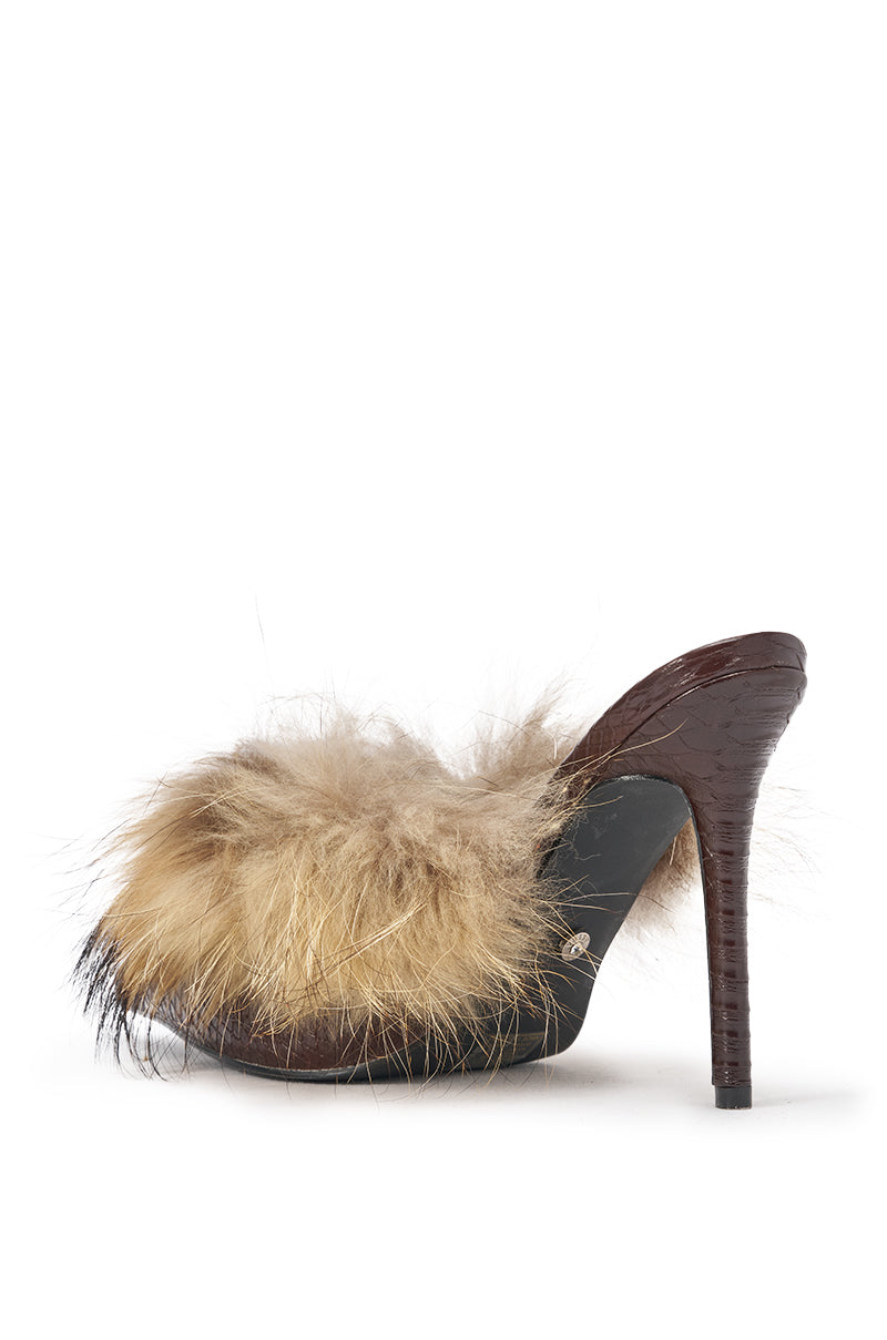 AKIRA GOLD KLARA BROWN CROC AND FUR PUMP